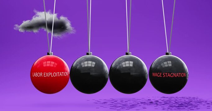 Labor Exploitation leads to wage stagnation. Cause and effect relation between labor exploitation and wage stagnation. Vicious cycle. Negative repeating pattern.