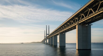 Massive bridge spans serene water at dawn