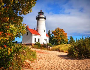 Autumnal lighthouse on a sandy beach