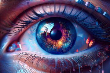Close-up of eye with colorful iris for teaching vision science and emotional depth
