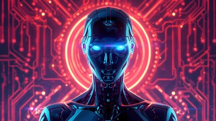 A futuristic robot with glowing blue eyes stands against a backdrop of intricate red circuitry, symbolizing advanced artificial intelligence and technology.