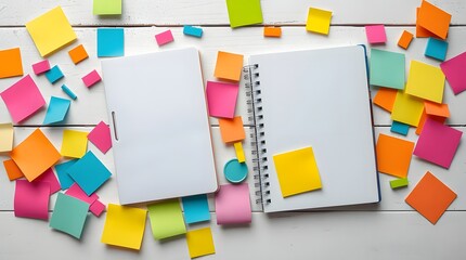 Bright stationery flat lay with notes and binder clips, wide 16:9 ratio for creative projects, templates, and banners