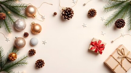 Balanced arrangement of shiny ornaments in a flat lay style, panoramic 16:9 format for advertising and creative projects