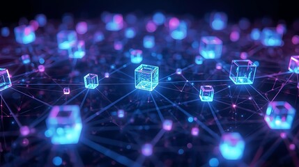 Abstract digital network of glowing cubes connected by lines, representing data flow and technology.