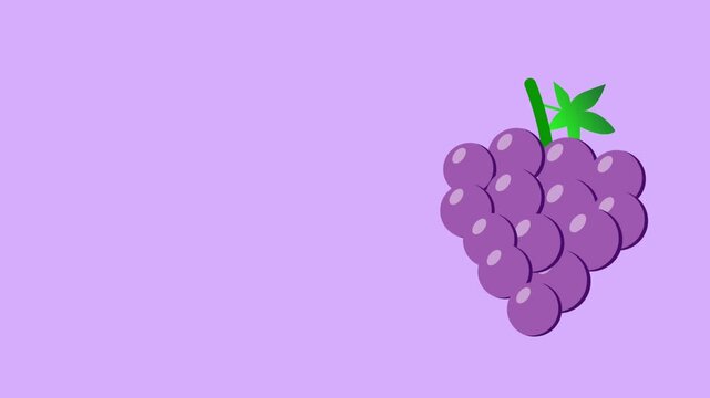 Animated cartoon bunch of grapes bouncing on a light purple background. Simple 2D flat design fruit animation with copy space.