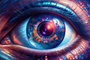 Detailed iris with blue and orange tones for teaching anatomy and visual complexity

