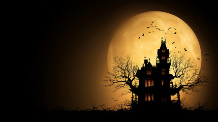 Haunted gothic house silhouette with glowing orange full moon, bare trees and flying bats for Halloween scary night celebration