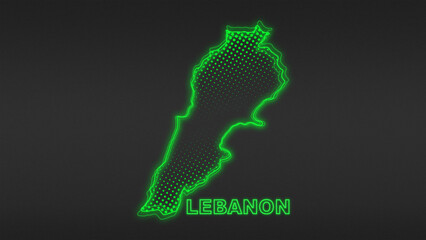 Neon Green Lebanon Map Outline Futuristic Digital Glow Halftone Illustration