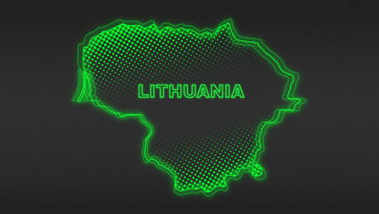Neon Green Lithuania Map Outline Futuristic Digital Glow Halftone Illustration
