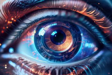 Human eye with blue and orange iris promoting youth curiosity in science and perception
