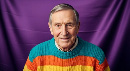 A senior man smiles warmly, showcasing a vibrant rainbow-striped sweater against a deep purple backdrop.