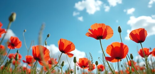 Obraz premium Red poppy flowers bloom under bright summer sky with white clouds. Illustration features field of vibrant red poppies with green stems, buds. Clear blue sky, fluffy clouds create beautiful natural