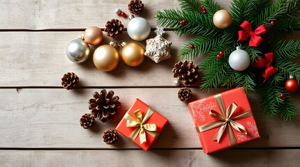 Overhead view of Christmas decoration flat lay, 16:9 wide ratio perfect for festive banners, headers, and seasonal designs