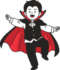 Cute cartoon vampire kid in a cool cape celebrating Halloween with a spooky costume ready for trick or treat
