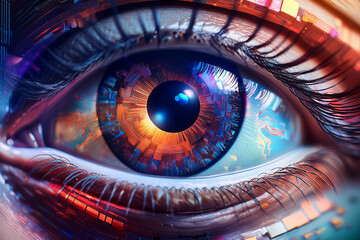 Eye close-up showing pupil and iris texture for teaching anatomy and optical function
