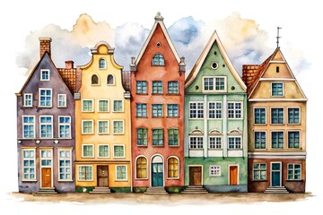 Watercolor painting of colorful houses isolated on white background architecture art