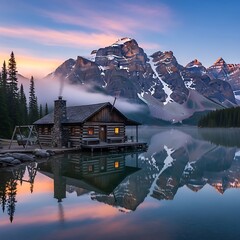 A tranquil wooden cabin sits on a serene lake, its reflection mirroring the majestic snow-capped mountains at dawn.