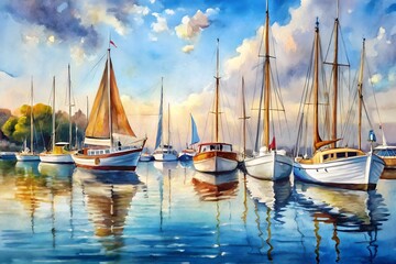 Watercolor painting of sailboats in harbor with reflections on the water surface art