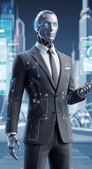 A futuristic robot wearing a tailored suit interacts with digital information in a modern urban setting.