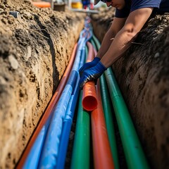 A worker carefully positions colored utility pipes in a trench, ensuring proper placement for a complex underground infrastructure project.
