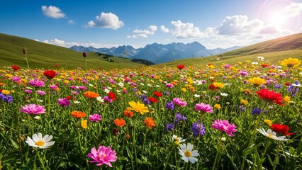 Vibrant wildflower meadow with stunning mountains and blue sky