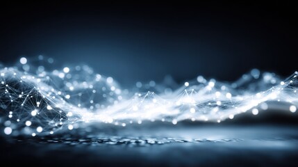 Abstract digital landscape featuring interconnected glowing nodes and polygonal mesh on dark blue background, evocative of technology and connectivity