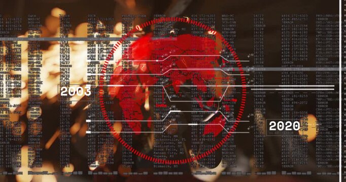 Rotating grinder sparking digital globe flashing years pulsing circuits showing data columns
