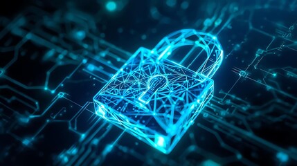 A glowing blue digital padlock superimposed on a circuit board, symbolizing cybersecurity and data protection.