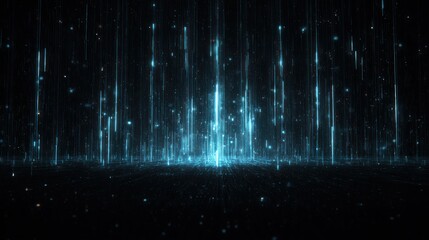 Abstract blue light streaks and particles rain down from above, illuminating a textured dark surface. Ethereal, digital, and mesmerizing visual