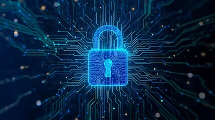 A glowing blue padlock icon superimposed on a circuit board pattern, symbolizing digital security and data protection.