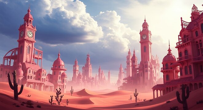 Pink sandstone metropolis under a cloudy sky: a desert dreamscape showcasing architectural wonders with whimsical aesthetics and surreal landscapes