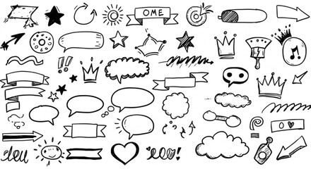 Fun doodle sketch elements, speech bubbles, crowns, arrows, stars for creative projects and designs