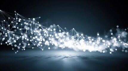 Abstract digital art with glowing nodes connected by lines, creating depth and movement against a dark backdrop with subtle reflections