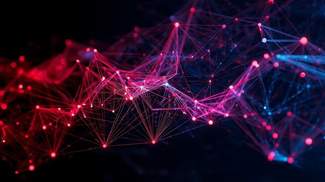 Abstract network of glowing nodes and lines in red and blue, representing data connections and digital information flow.