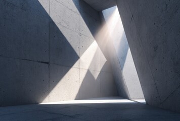 Architectural shot with beams of light streaming through geometric opening in concrete wall casting shadows across floor