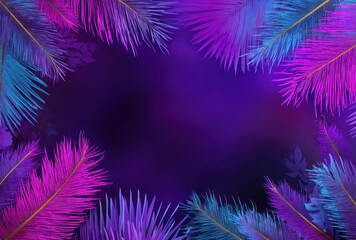 Neon tropical foliage frames a dark, blurry purple gradient background, creating a vibrant and inviting atmospheric scene