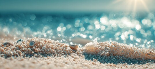 Close-up shot of a sunny beach, depicting a sandy shore, sparkling water, and a warm, inviting atmosphere under a bright sun