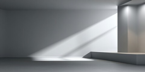 A bright, minimalist white interior space with a sunbeam across the left wall and a platform on the right, illuminated by spotlights