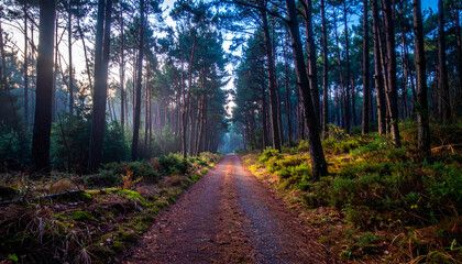 Naklejka premium Sunlight filters through tall pine trees lining a dirt road in a dense forest, creating a serene and peaceful atmosphere.