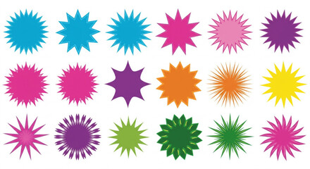 Vibrant starburst elements set for graphic designs, colorful shapes burst with energy and visual interest
