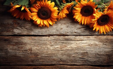 Obraz premium Sunflowers adorn a weathered wooden surface, creating a rustic, autumnal scene. The warm tones contrast with the cool, textured wood backdrop