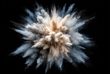 Exploding mix of light brown and blue powder creates a symmetrical, abstract explosion against a stark black backdrop