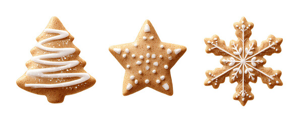 Three golden christmas cookies in festive shapes isolated on transparent background