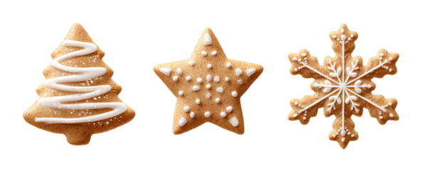 Three golden christmas cookies in festive shapes isolated on transparent background