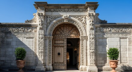 Elaborate stone entrance with detailed carvings and opened wooden doors showcasing the interior's luminosity and architectural elegance