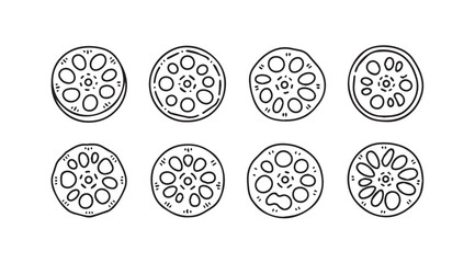 Eight detailed silhouettes of sliced lotus root cross sections