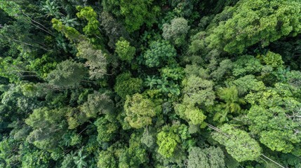An aerial view of a lush green forest canopy, densely packed with trees and varied foliage, showcasing the rich biodiversity of the natural world