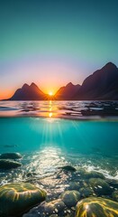 Serene sunset over a tranquil lake, with vibrant colors reflected in the crystal-clear water, showcasing a captivating underwater view.