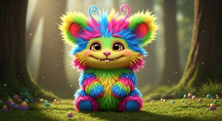 A vibrant, colorful creature, adorned with rainbow fur, sits amidst a whimsical forest setting.