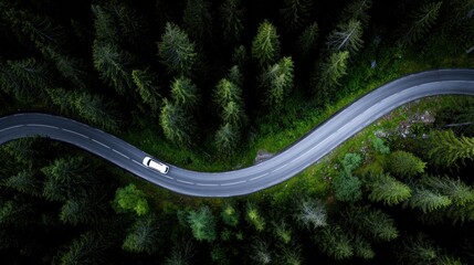 Winding road through a dense, dark green forest, captured from a bird's eye perspective with a white vehicle driving along the curves